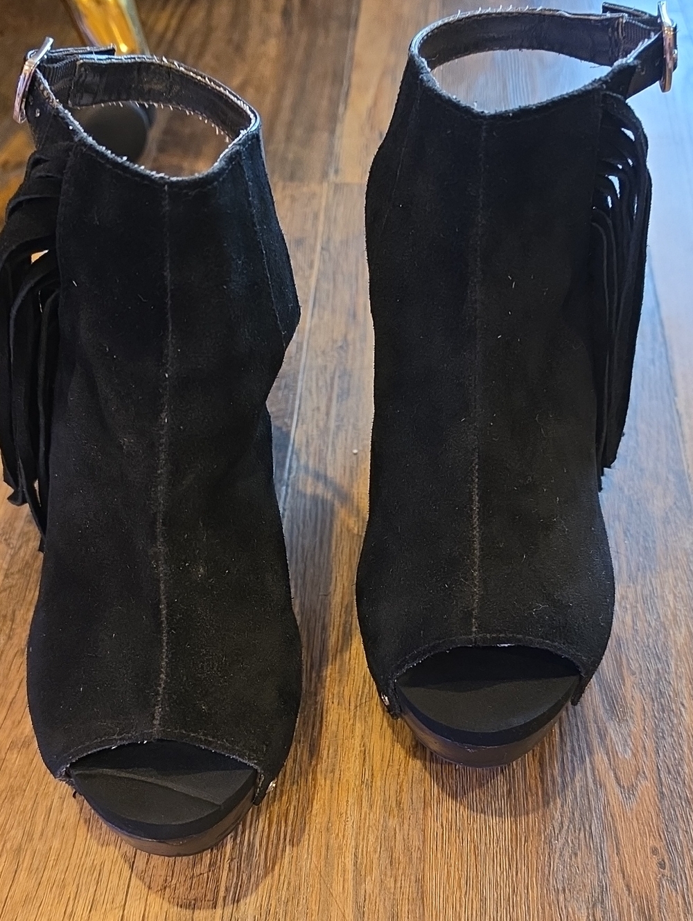 Volatile Black Suede Fringe Peep-Toe Ankle Booties